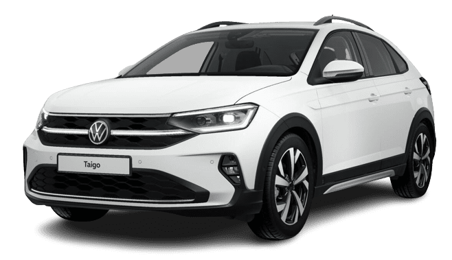 Schräge Frontansicht auf einen Volkswagen Taigo, freigestellt