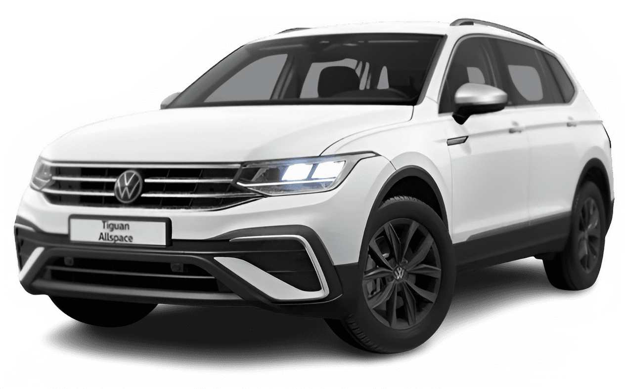 Schräge Frontansicht auf einen Volkswagen Tiguan Allspace, freigestellt