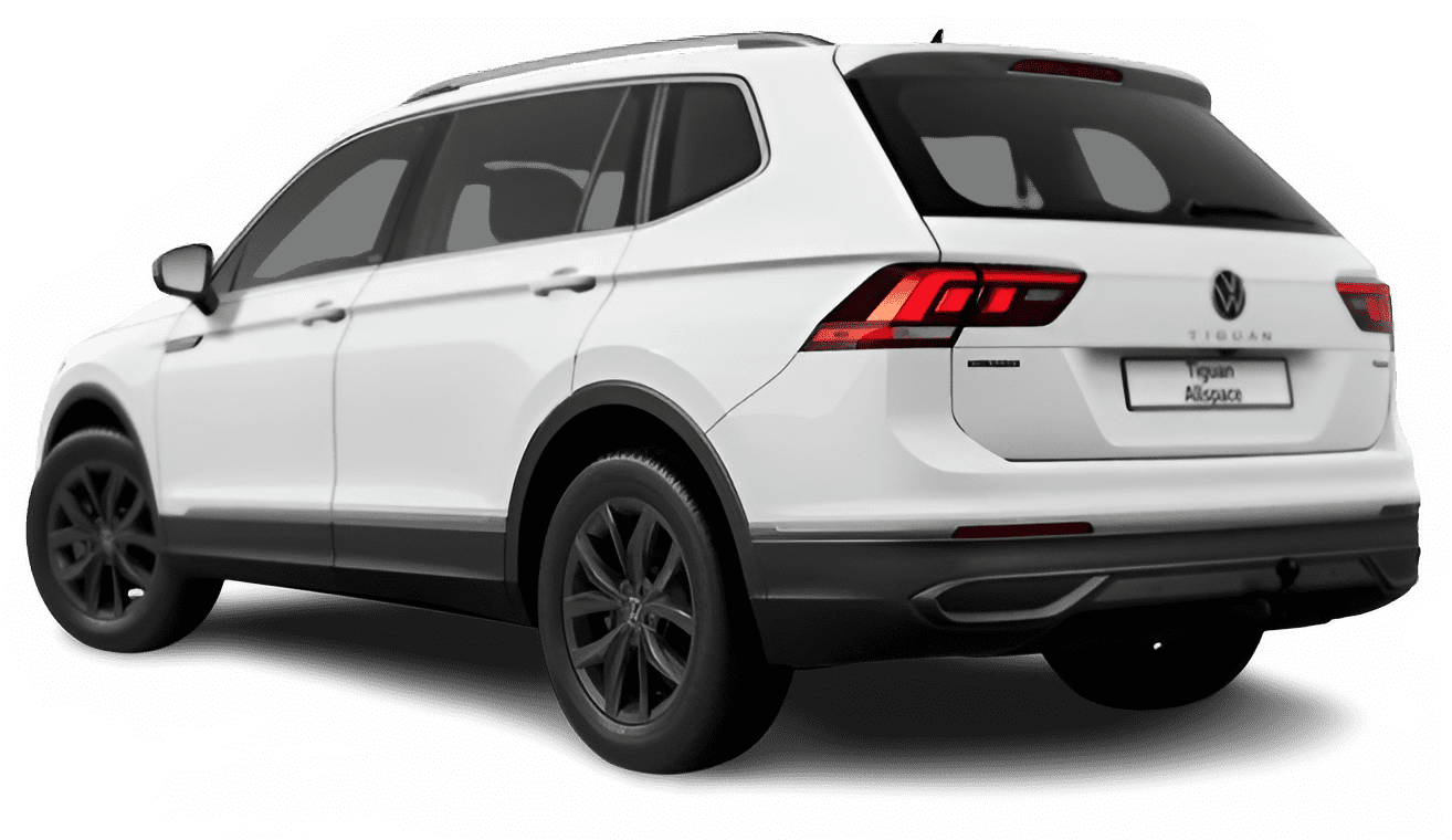 Schräge Heckansicht auf einen Volkswagen Tiguan Allspace, freigestellt