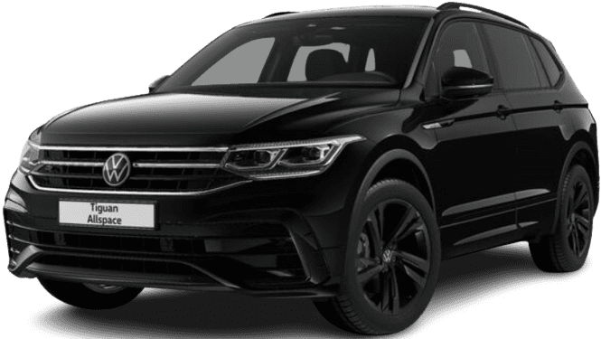 Schräge Frontansicht auf einen Volkswagen Tiguan Allspace, freigestellt