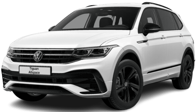 Schräge Frontansicht auf einen Volkswagen Tiguan Allspace, freigestellt