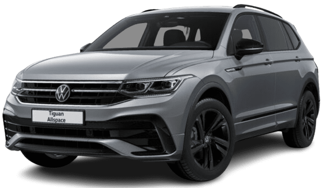 Schräge Frontansicht auf einen Volkswagen Tiguan Allspace, freigestellt