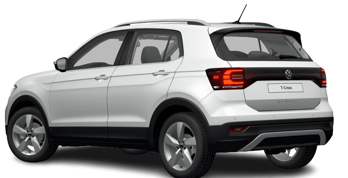 Schräge Heckansicht auf einen Volkswagen T-Cross, freigestellt