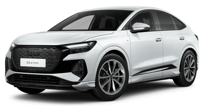 Schräge Frontansicht auf einen Audi Q4 Sportback, freigestellt