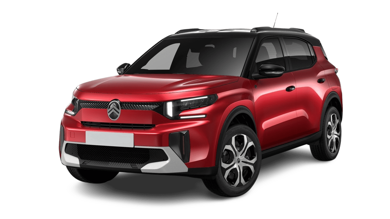 Schräge Frontansicht auf einen Citroën ë-C3 Aircross, freigestellt