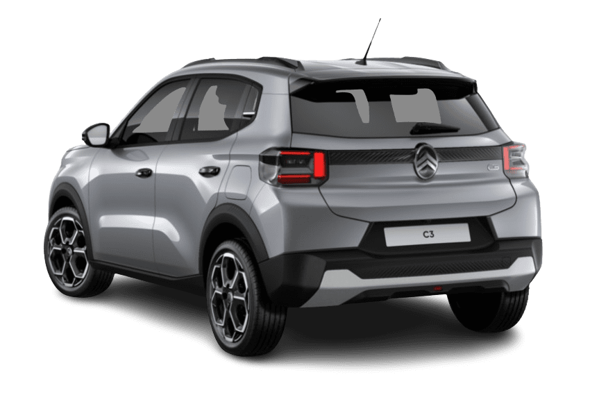 Schräge Heckansicht auf einen Citroën C3, freigestellt