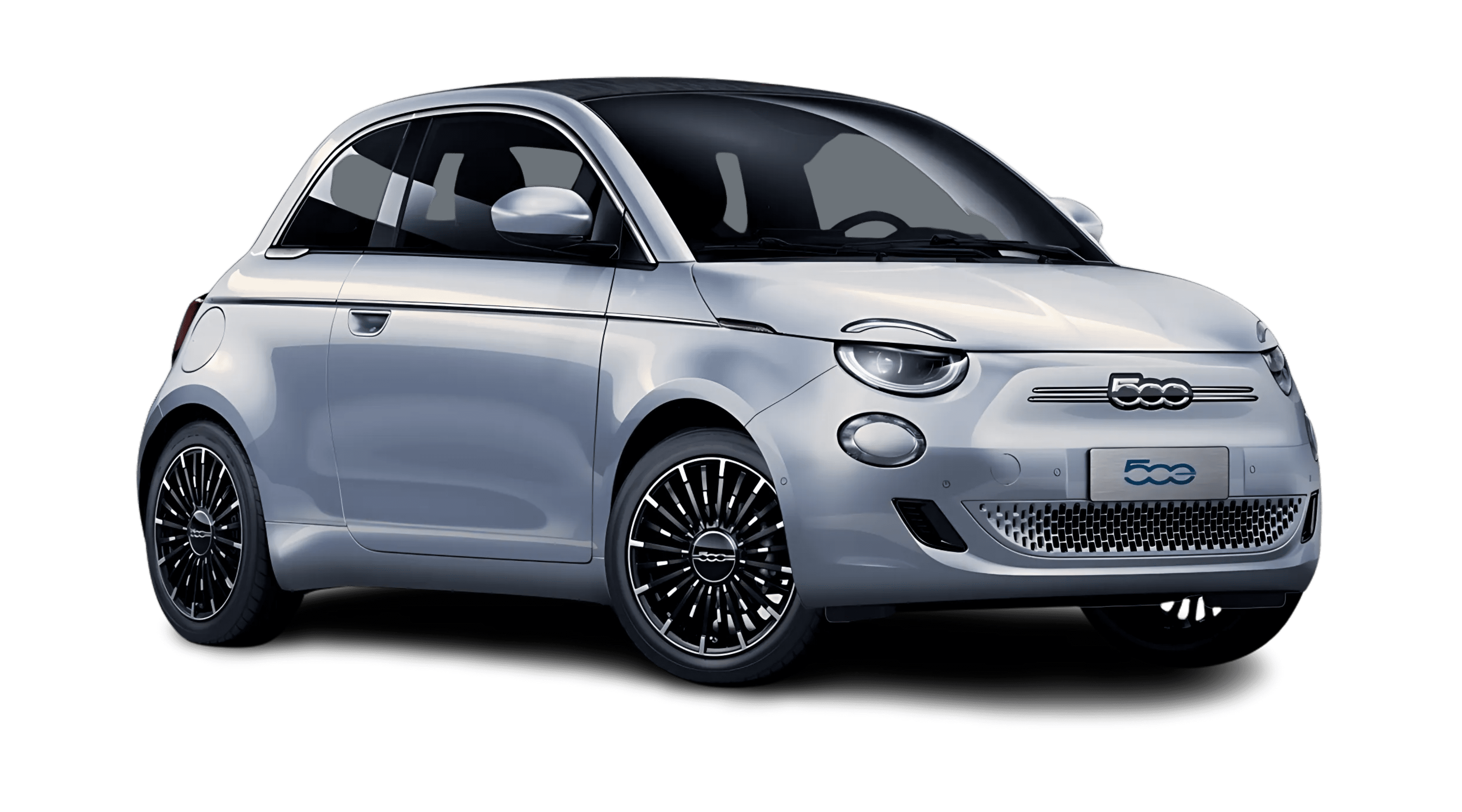 Schräge Frontansicht auf einen Fiat 500 Elektro, freigestellt