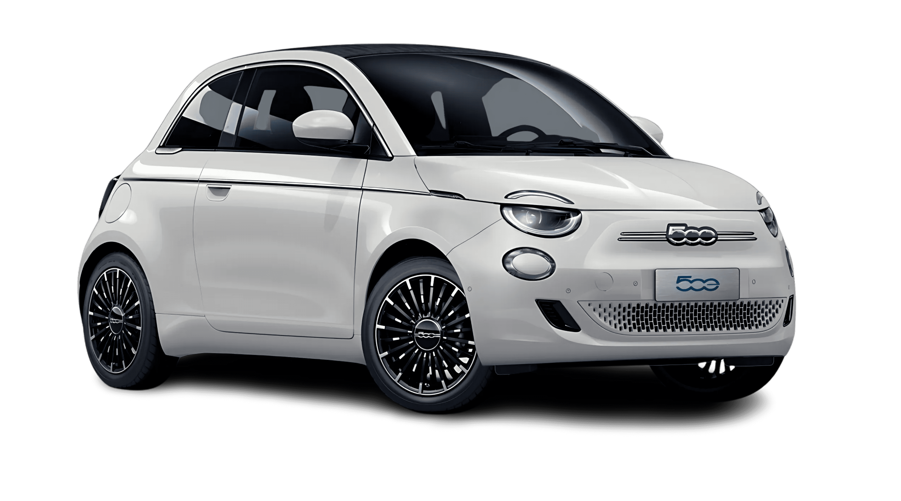 Schräge Frontansicht auf einen Fiat 500 Elektro, freigestellt