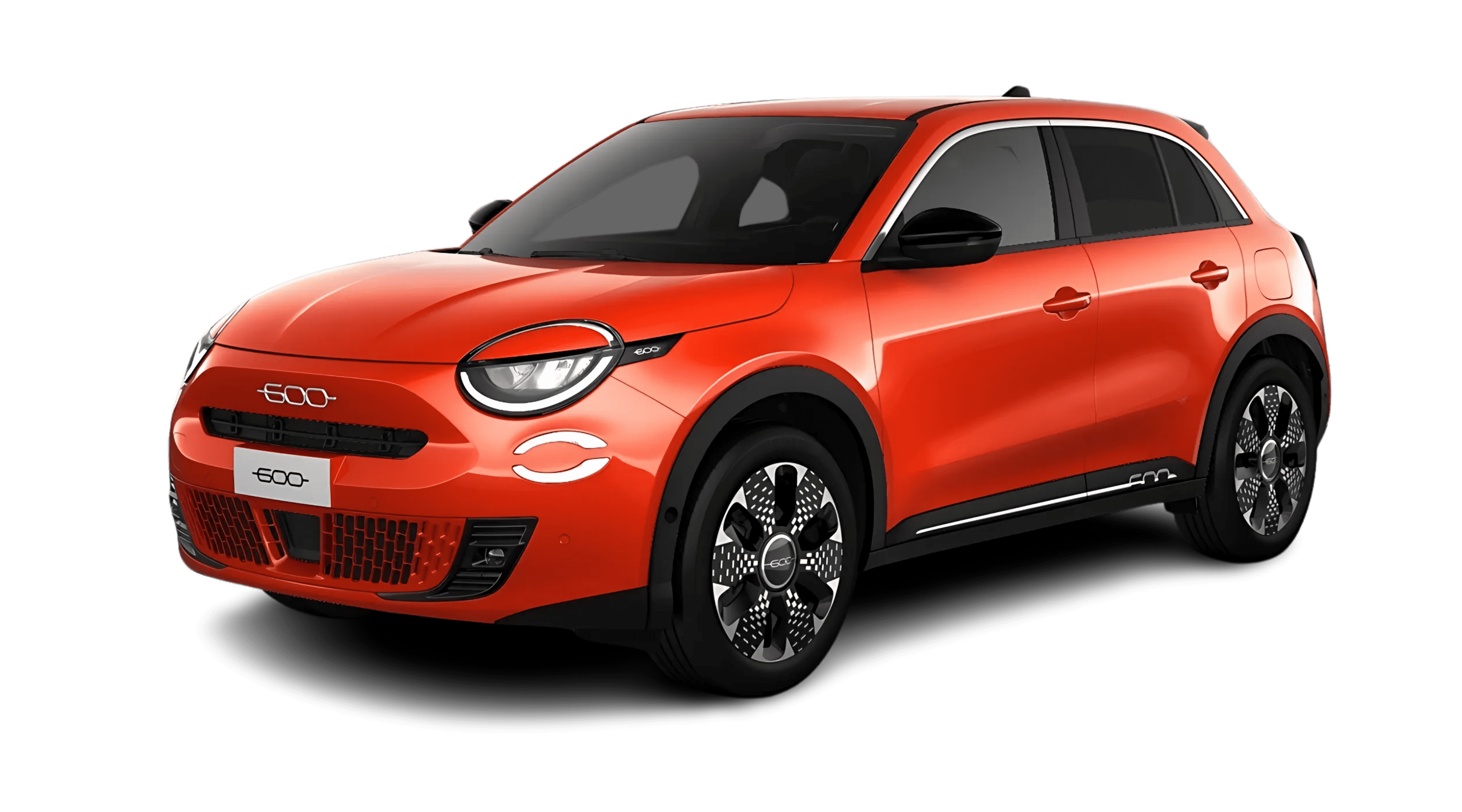 Schräge Frontansicht eines Fiat 600 Elektro, freigestellt