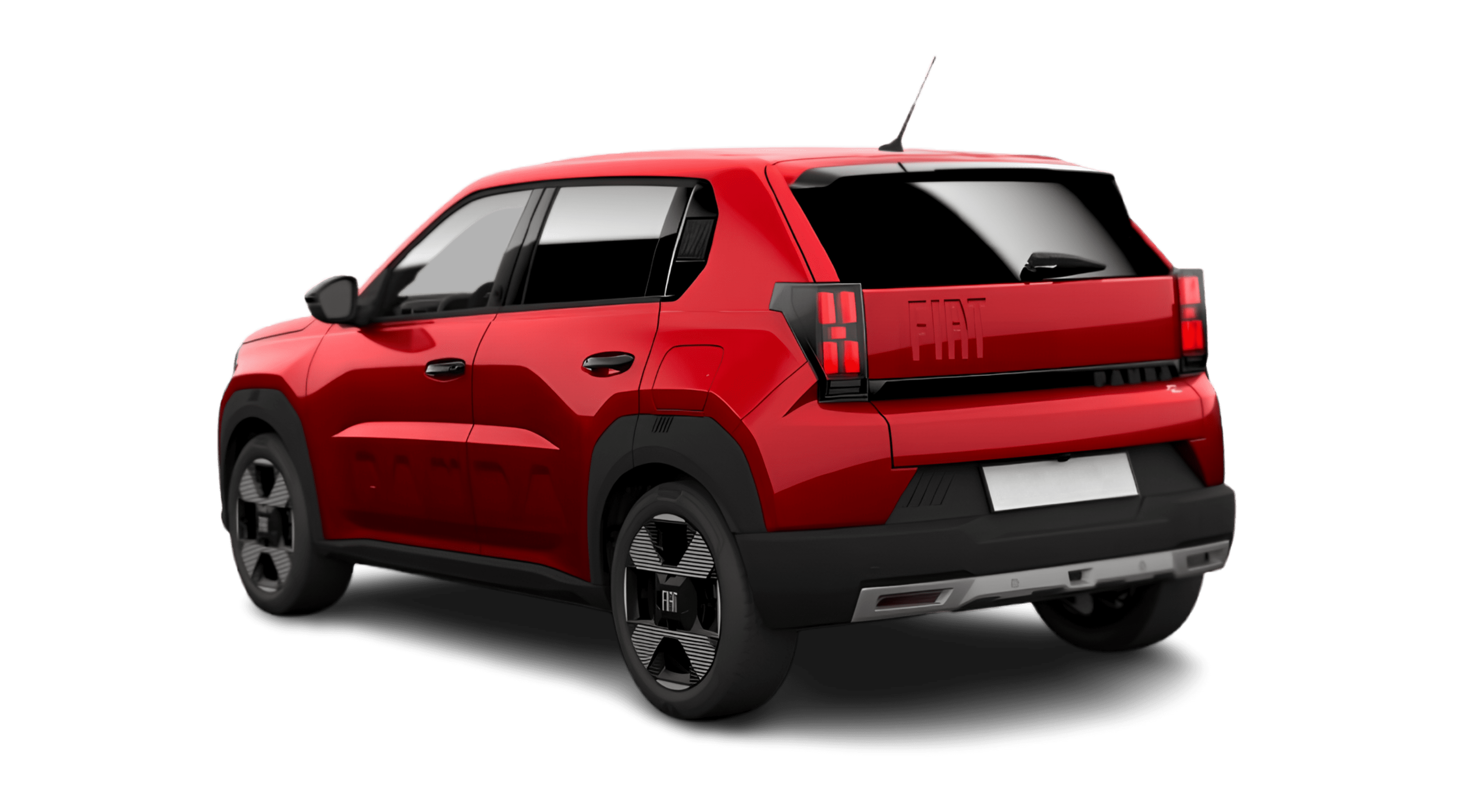 Schräge Heckansicht eines Fiat Grande Panda, freigestellt