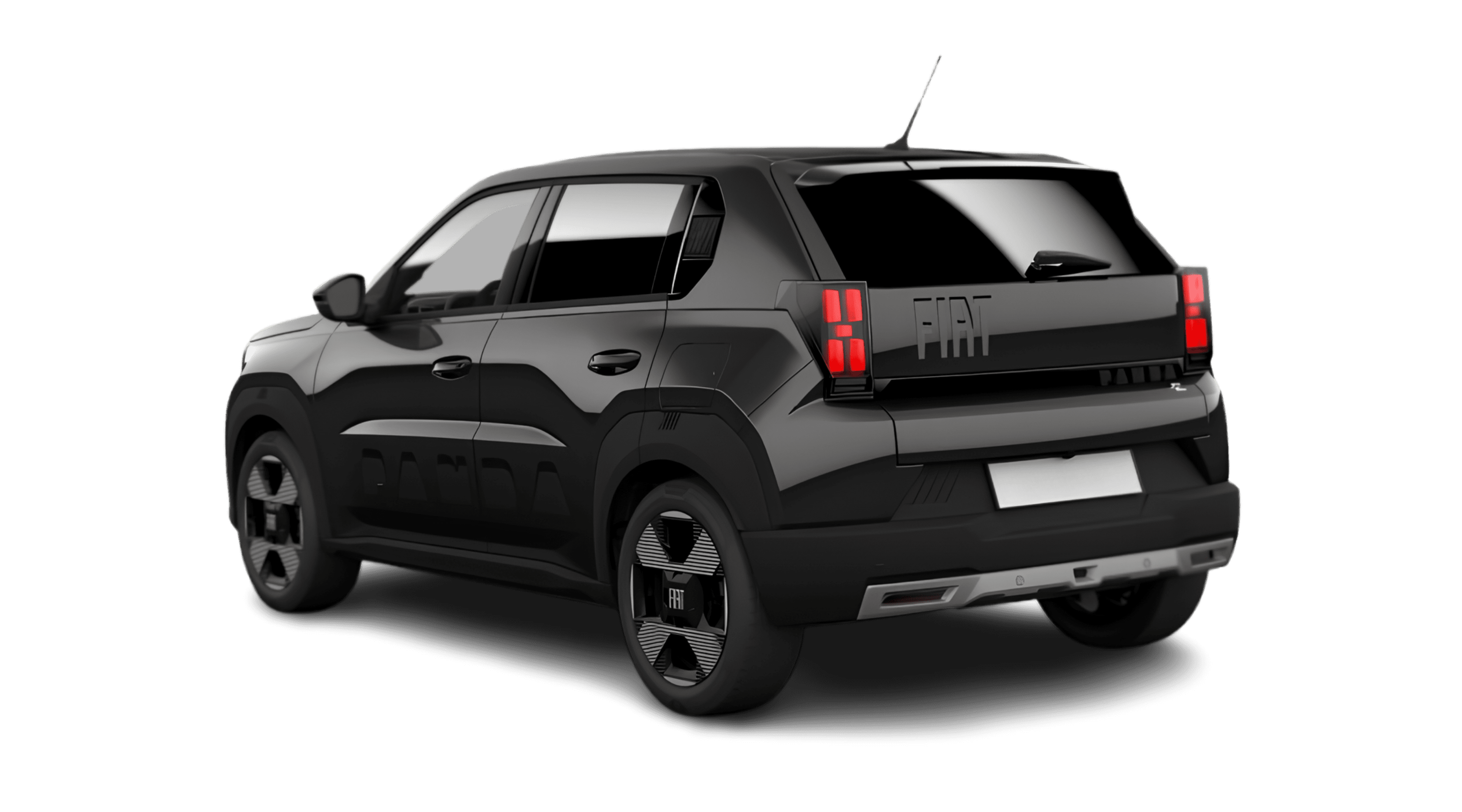 Schräge Heckansicht eines Fiat Grande Panda, freigestellt