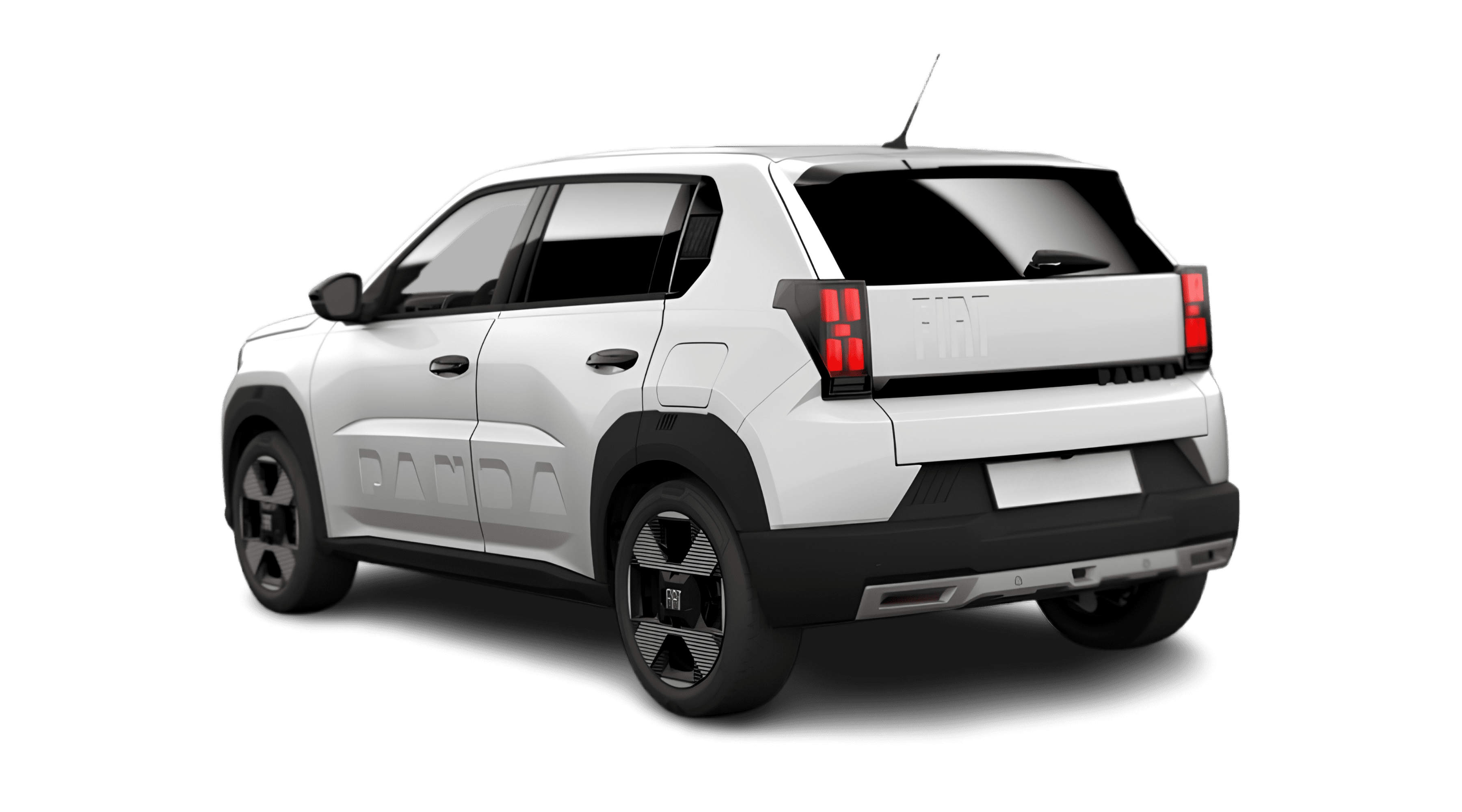 Schräge Heckansicht eines Fiat Grande Panda, freigestellt