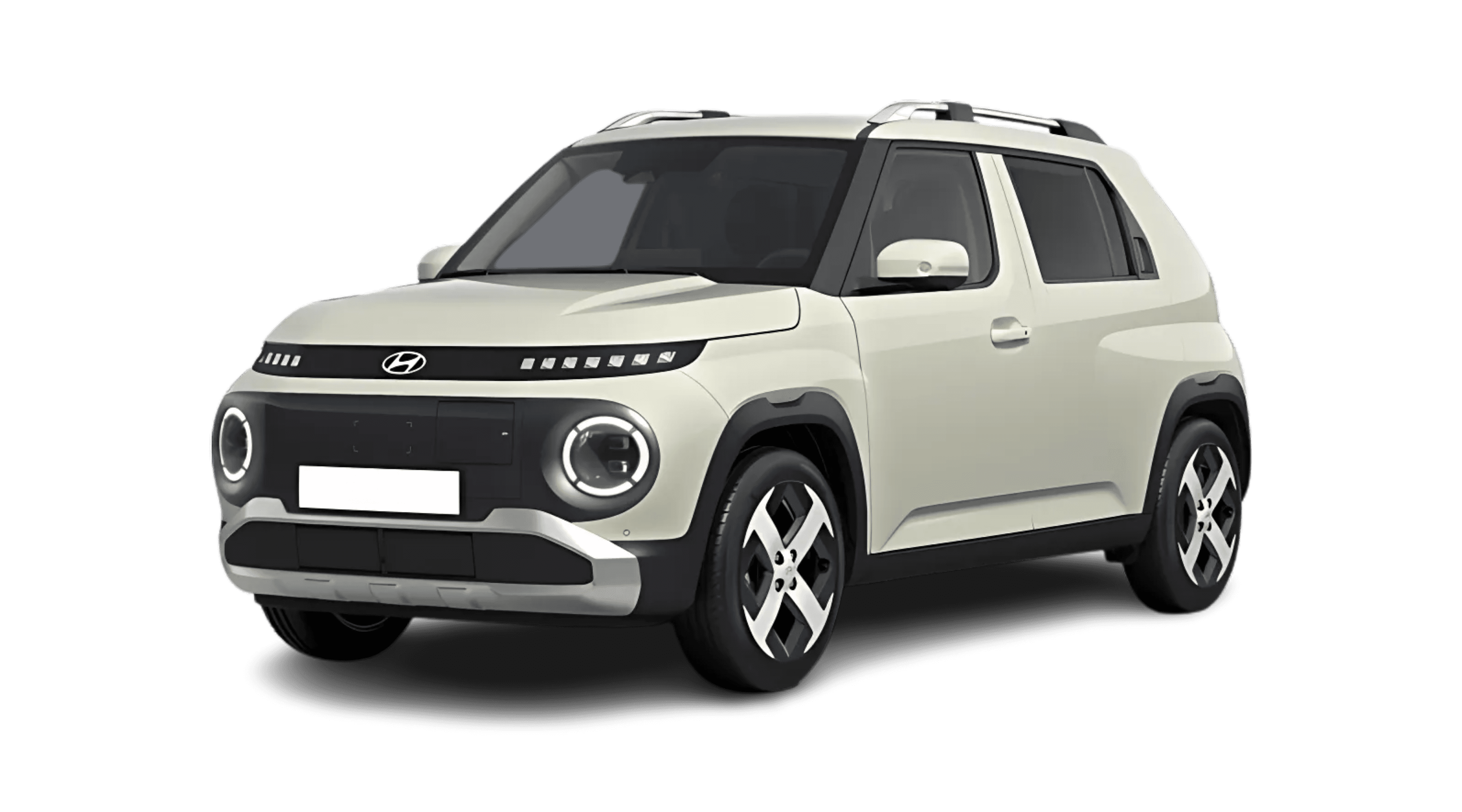 Schräge Frontansicht auf einen Hyundai Inster, freigestellt
