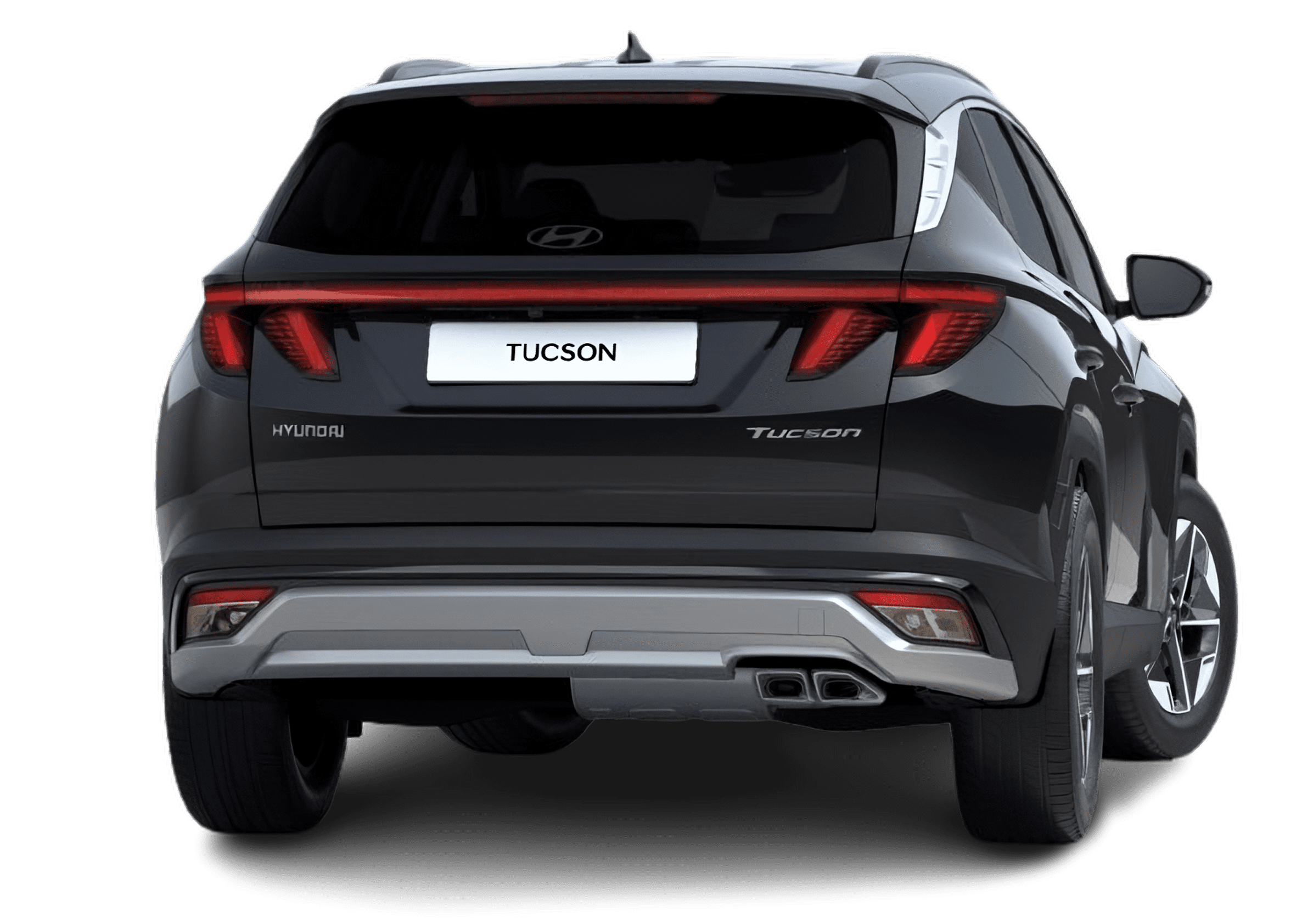 Schräge Heckansicht auf einen Hyundai Tucson, freigestellt