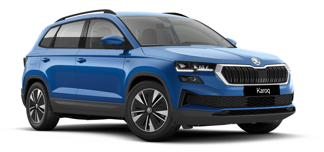Schräge Frontansicht auf einen Skoda Karoq, freigestellt