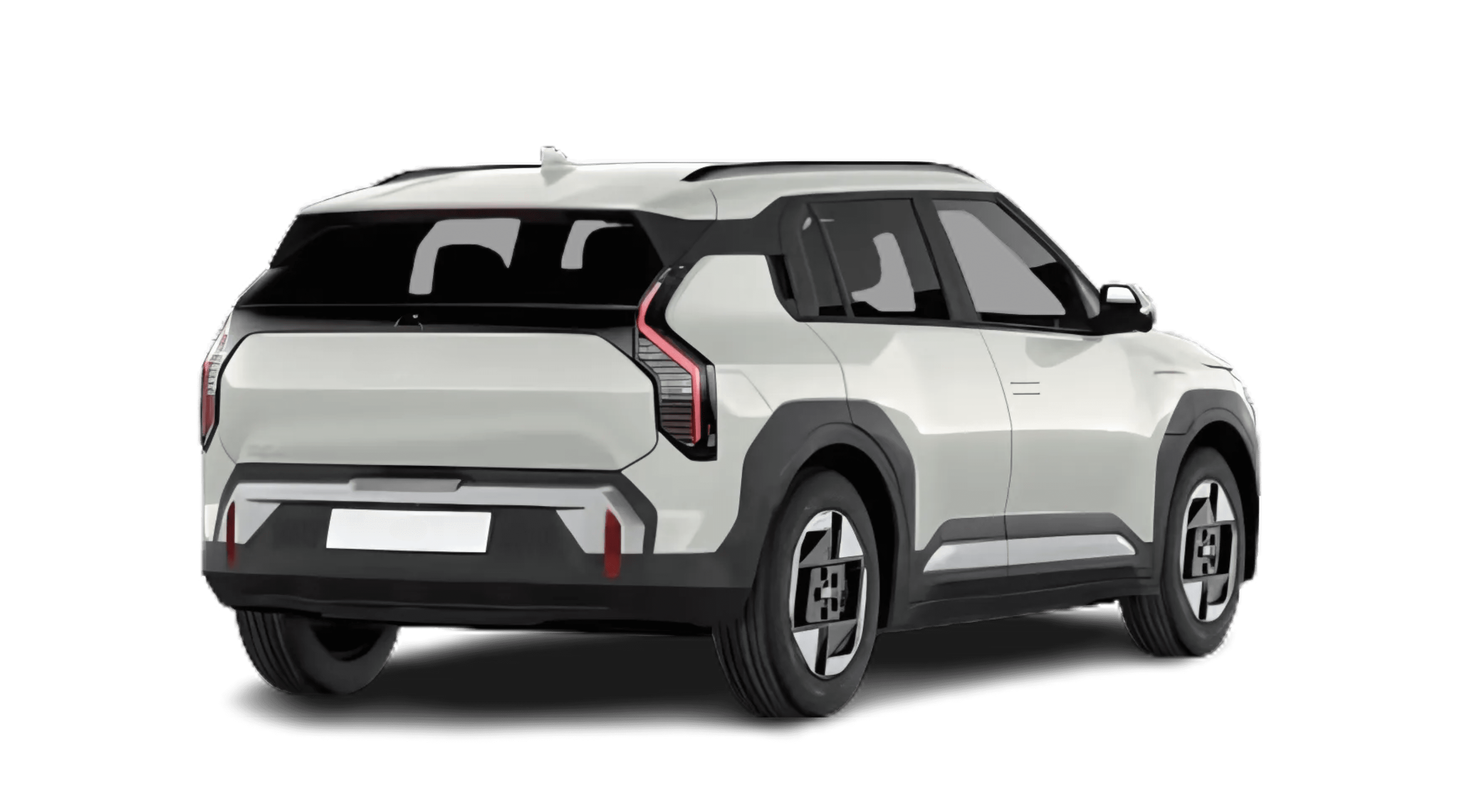 Schräge Heckansicht eines Kia EV3, freigestellt