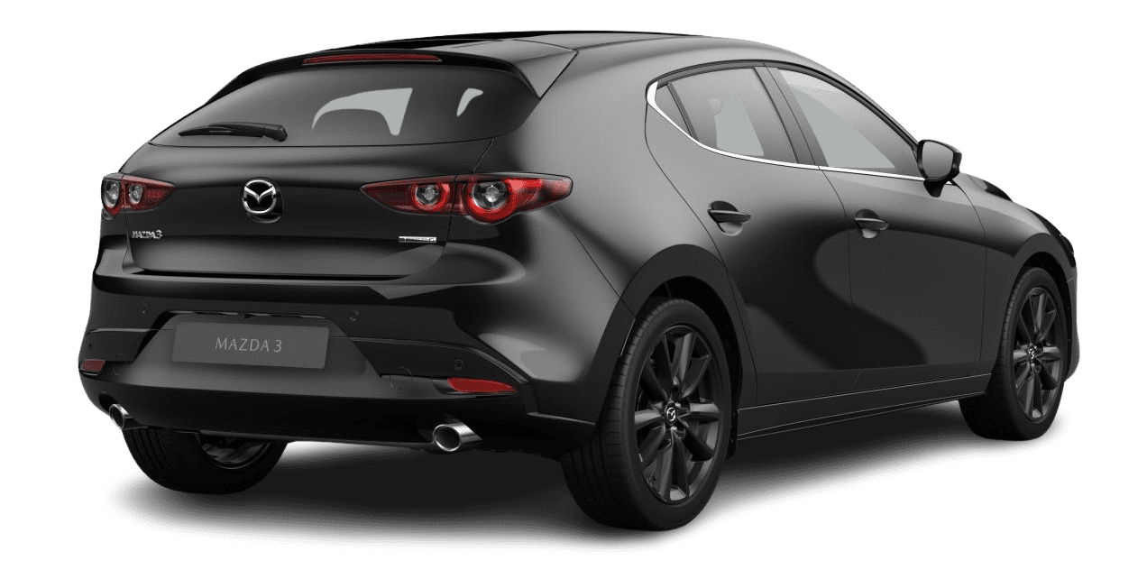 Schräge Heckansicht auf einen Mazda Mazda3, freigestellt