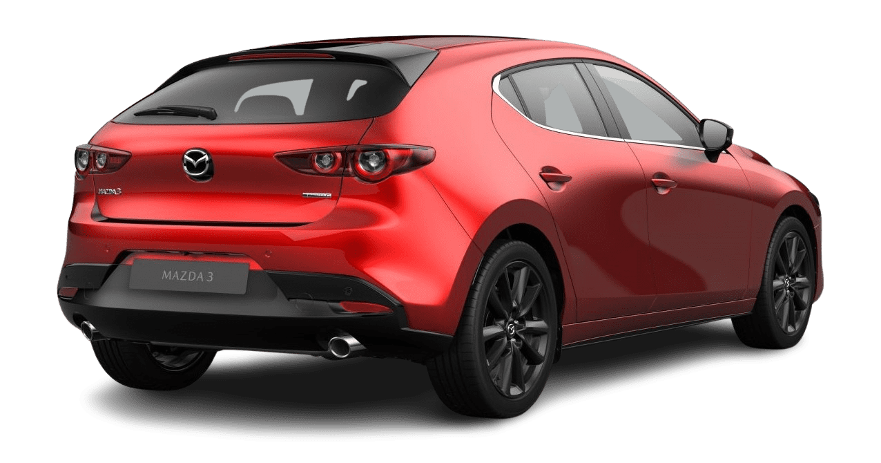 Schräge Heckansicht auf einen Mazda Mazda3, freigestellt