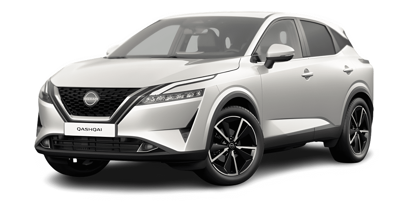 Schräge Frontansicht auf einen Nissan Qashqai, freigestellt