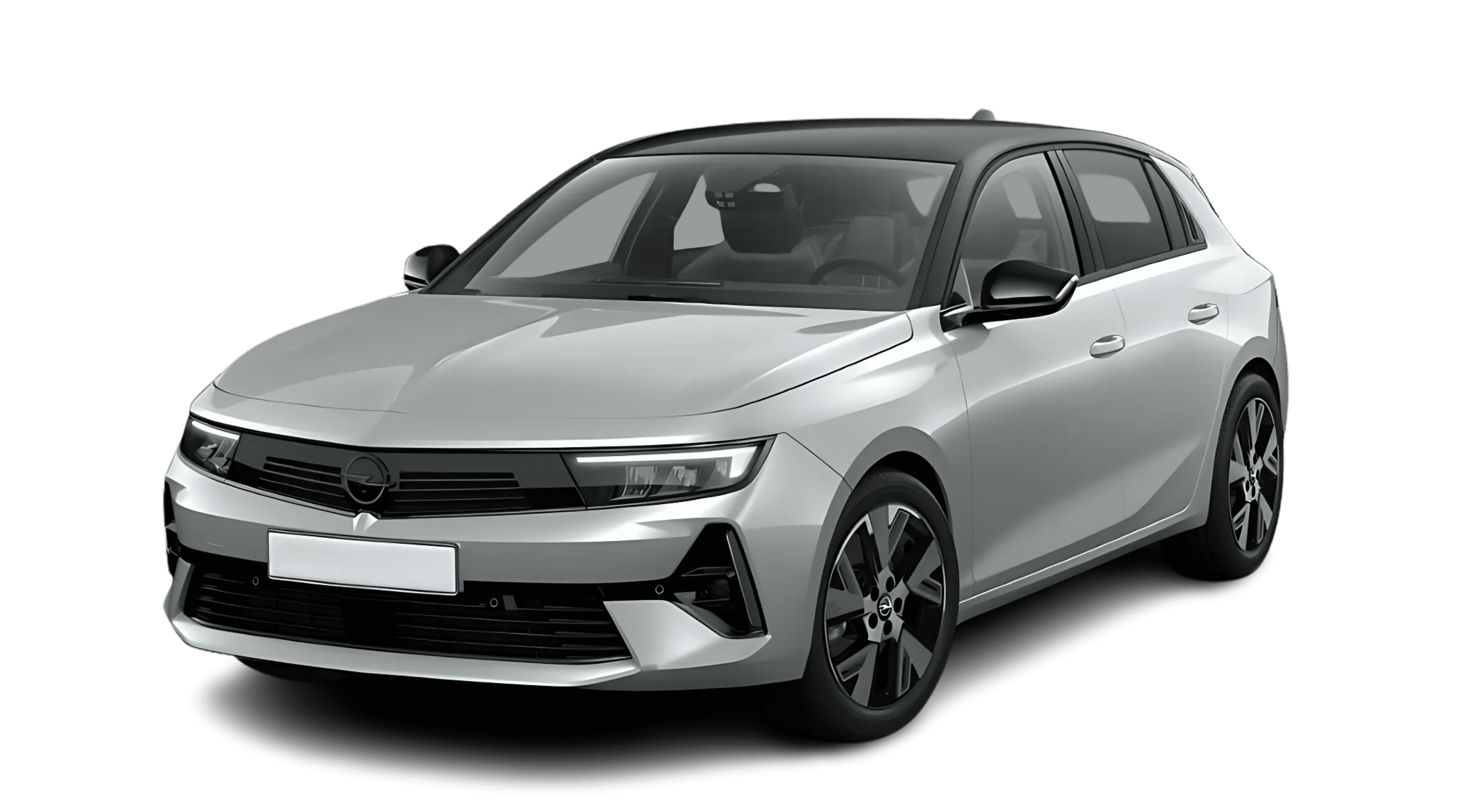 Schräge Frontansicht auf einen Opel Astra Electric, freigestellt