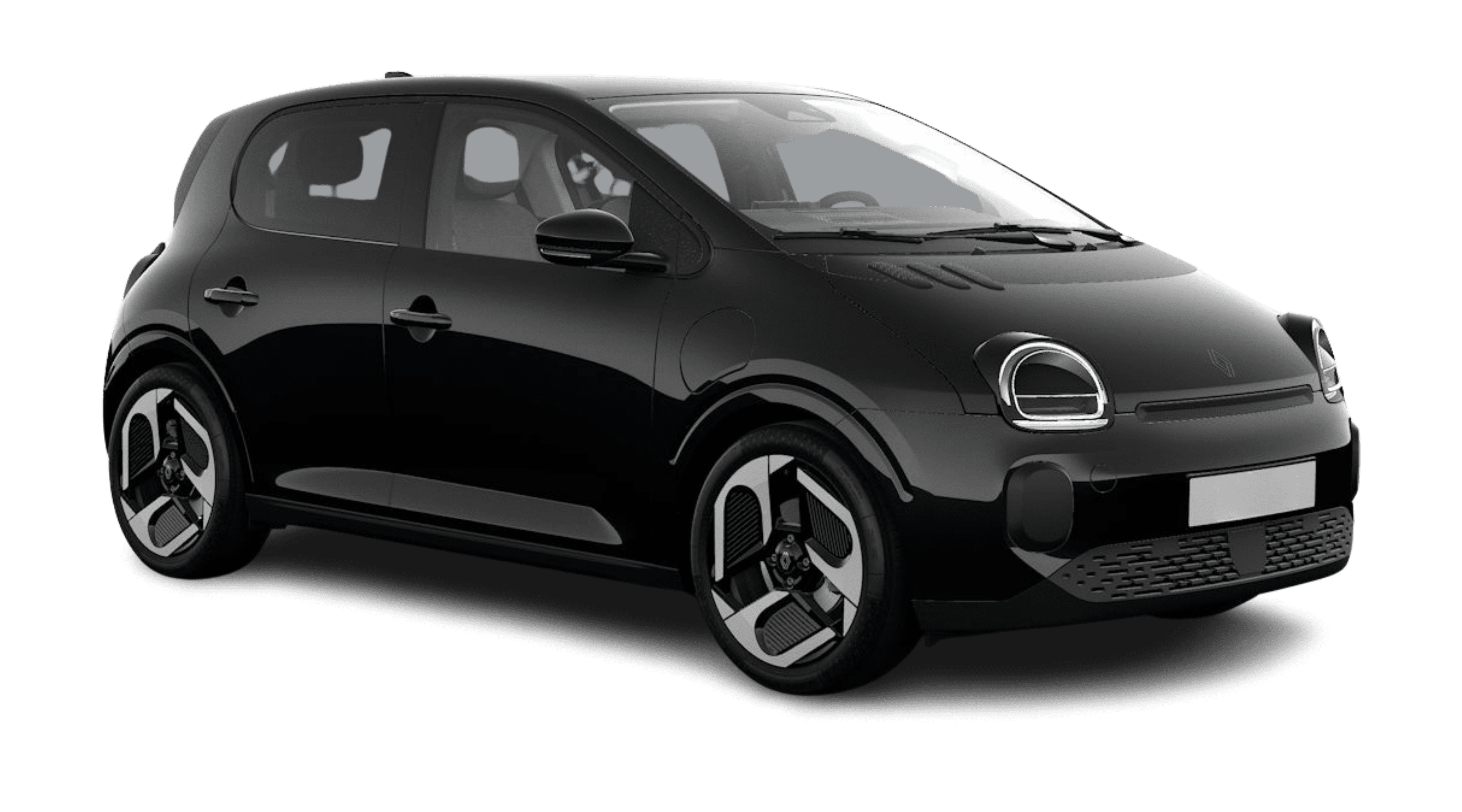 Schräge Frontansicht eines Renault Twingo E-Tech, freigestellt