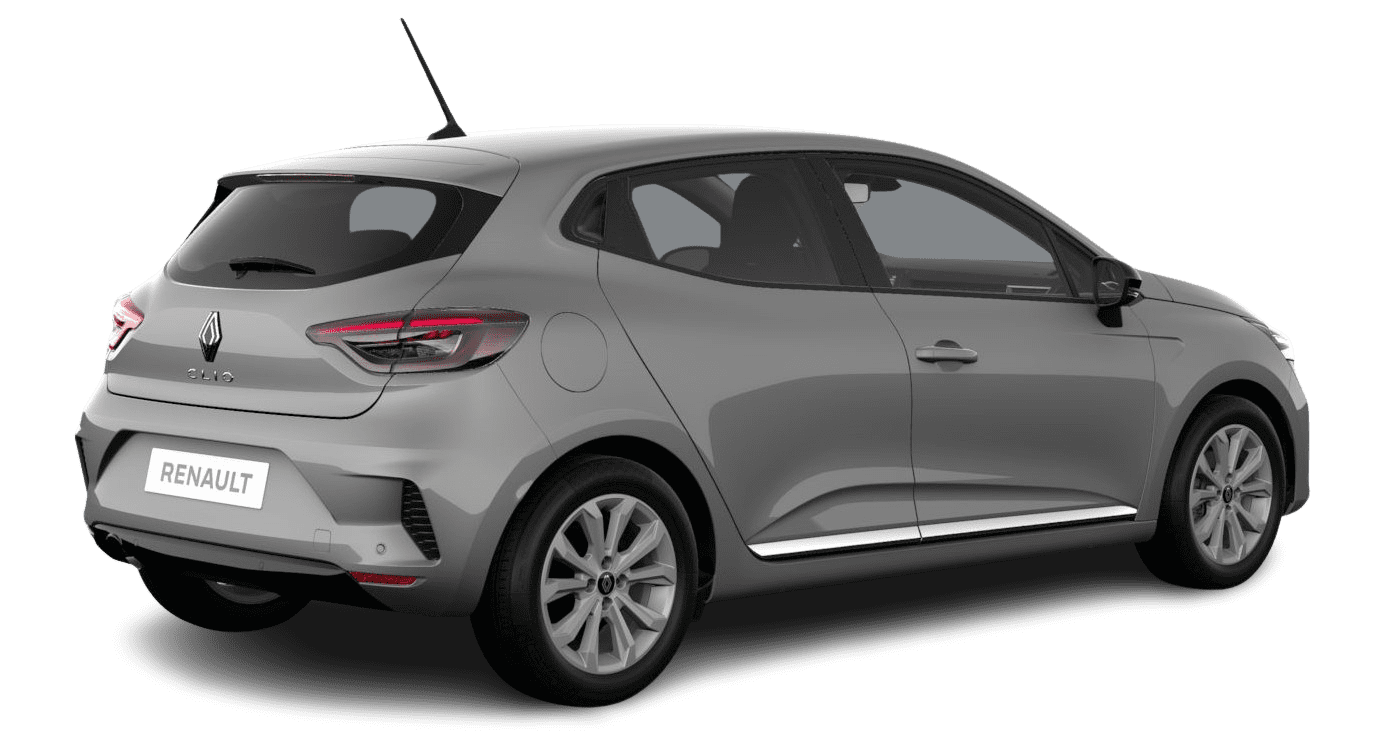 Schräge Heckansicht auf einen Renault Clio, freigestellt