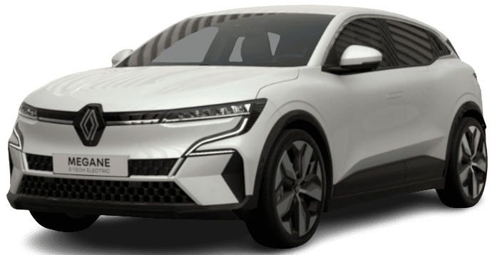 Schräge Frontansicht auf einen Renault Megane E-TECH, freigestellt