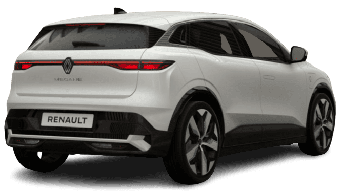 Schräge Heckansicht auf einen Renault Megane E-TECH, freigestellt