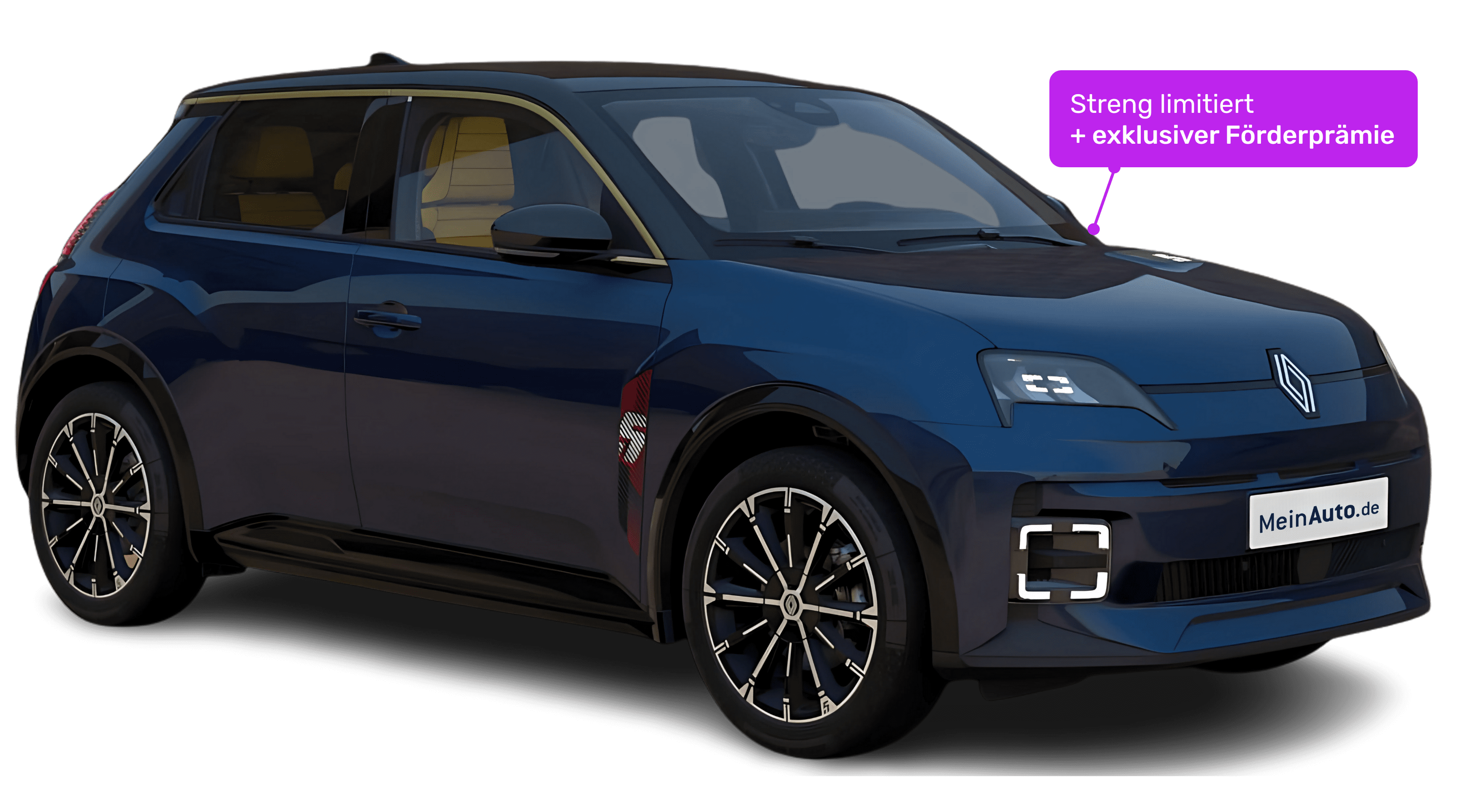 Schräge Frontansicht auf einen Renault 5 E-TECH, freigestellt
