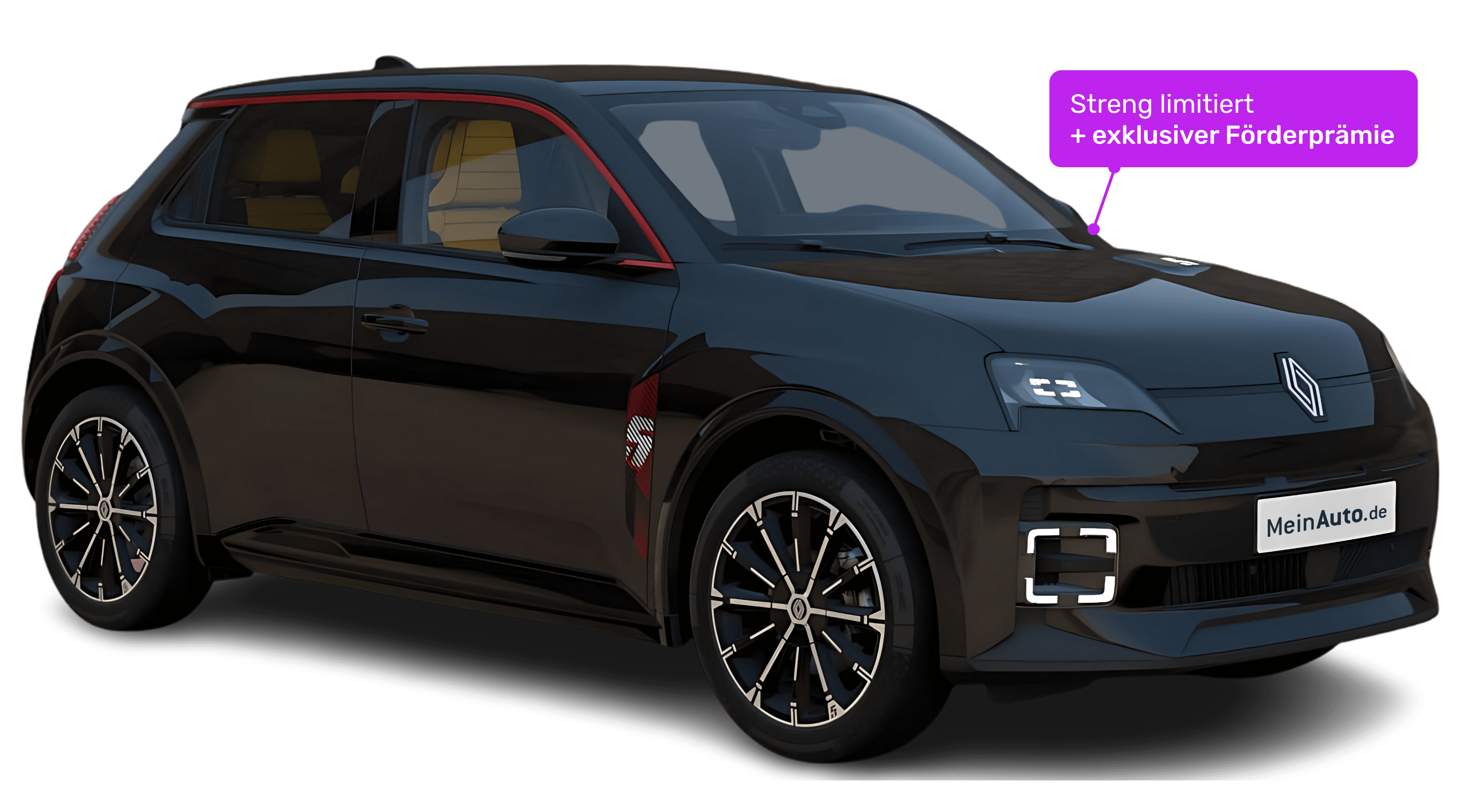 Schräge Frontansicht auf einen Renault 5 E-TECH, freigestellt