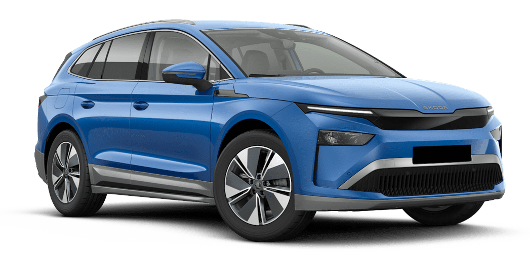 Schräge Frontansicht auf einen Skoda ENYAQ, freigestellt