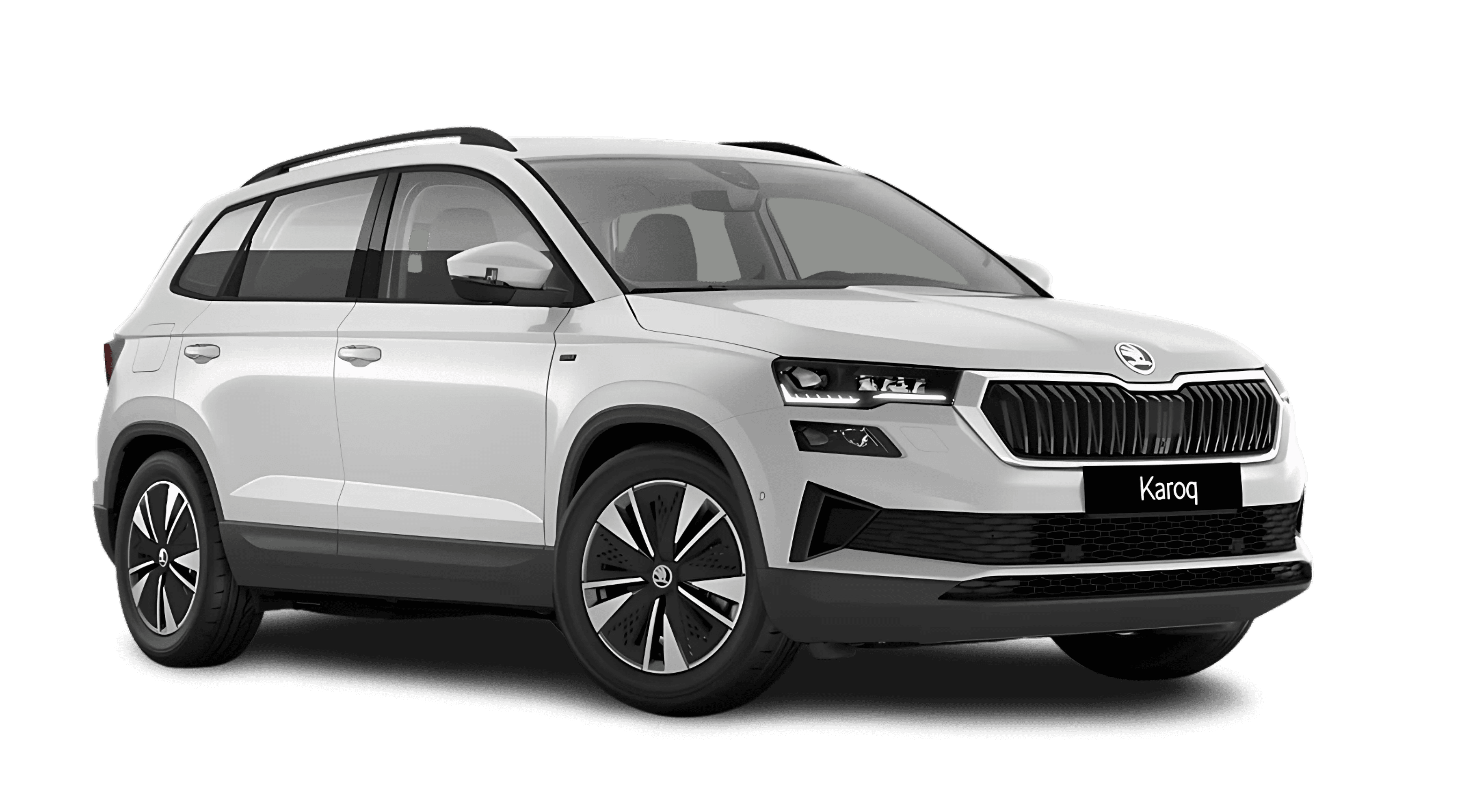 Schräge Frontansicht auf einen Skoda Karoq, freigestellt