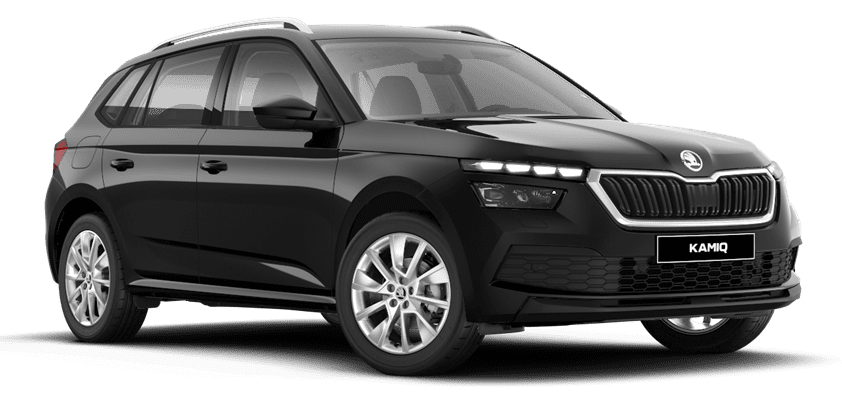 Schräge Frontansicht auf einen Skoda Kamiq, freigestellt