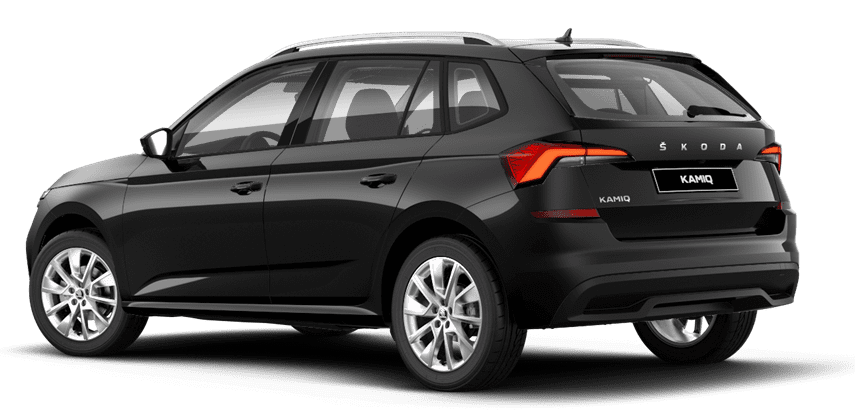 Schräge Heckansicht auf einen Skoda Kamiq, freigestellt