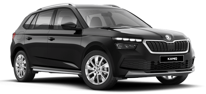 Schräge Frontansicht auf einen Skoda Kamiq, freigestellt