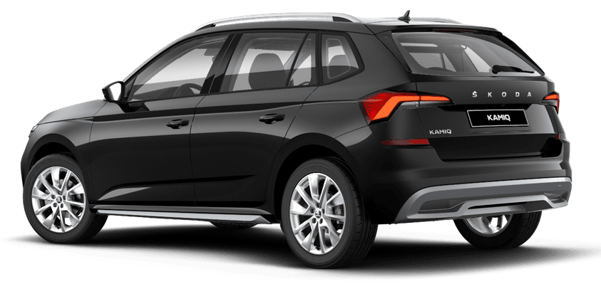Schräge Heckansicht auf einen Skoda Kamiq, freigestellt