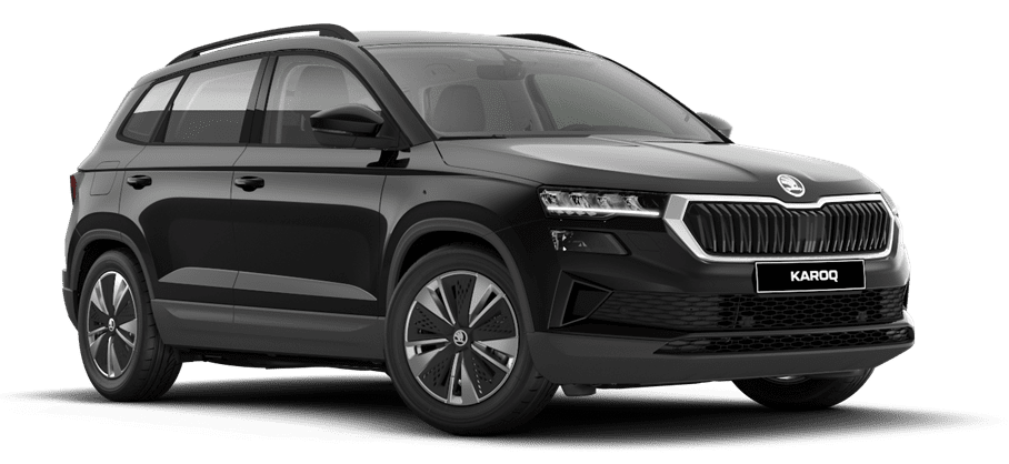 Schräge Frontansicht auf einen Skoda Karoq, freigestellt