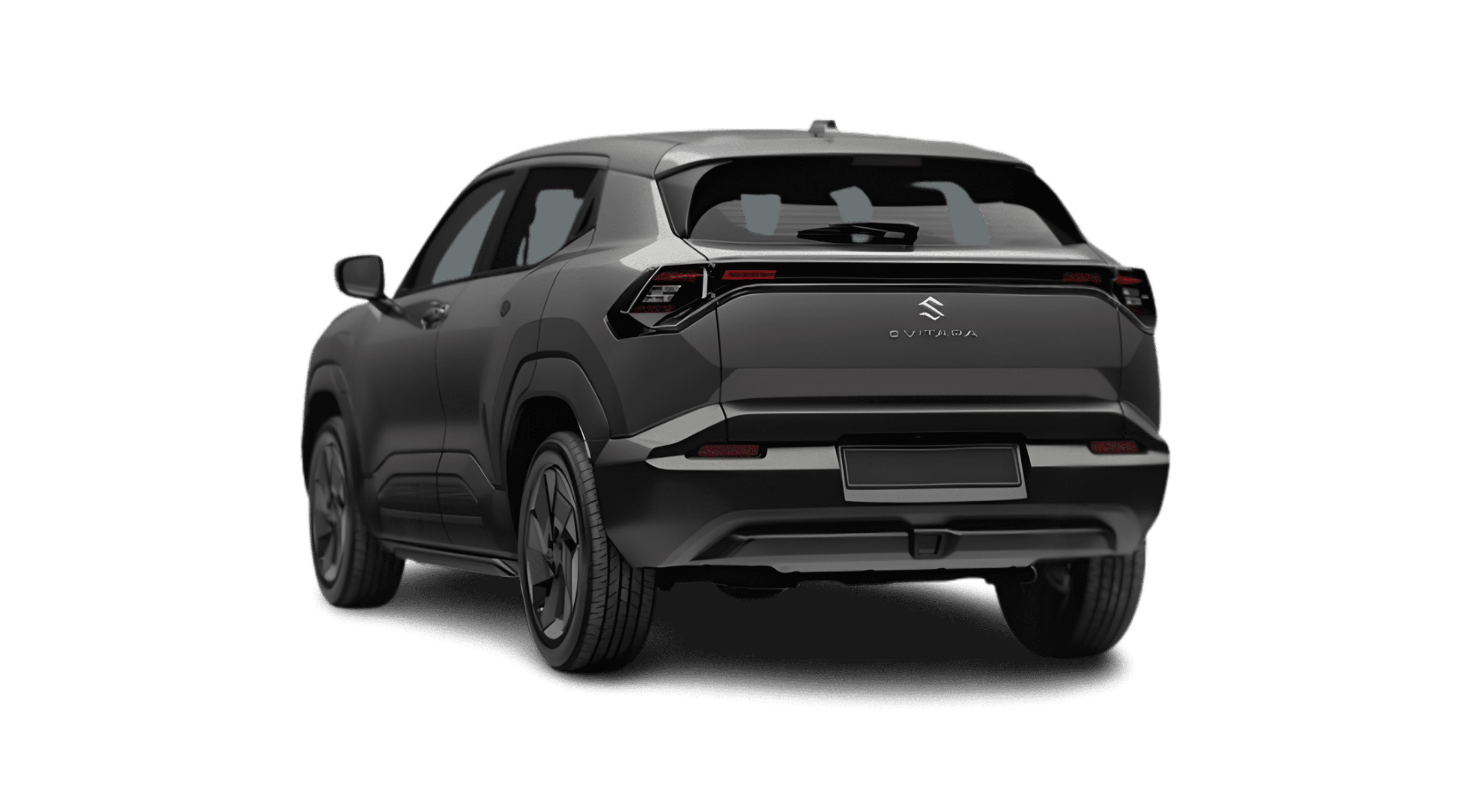 Schräge Heckansicht eines Suzuki e Vitara, freigestellt