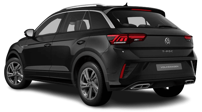 Schräge Heckansicht auf einen Volkswagen T-Roc, freigestellt