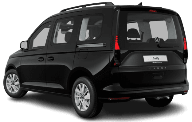 Schräge Heckansicht auf einen Volkswagen Caddy, freigestellt