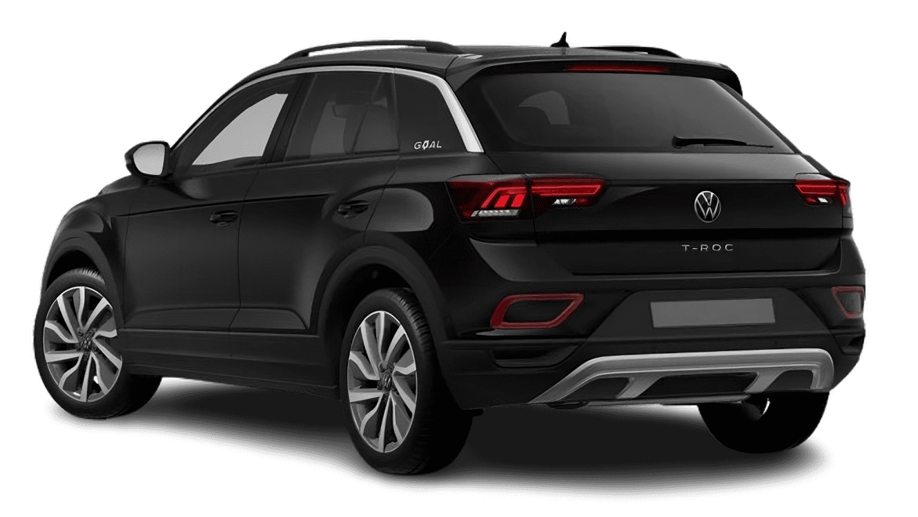 Schräge Heckansicht auf einen Volkswagen T-Roc, freigestellt