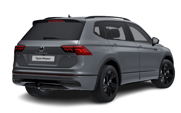 Schräge Heckansicht auf einen Volkswagen Tiguan Allspace, freigestellt