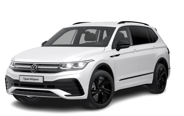 Schräge Frontansicht auf einen Volkswagen Tiguan Allspace, freigestellt