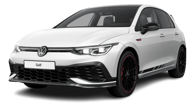 Schräge Frontansicht auf einen Volkswagen Golf, freigestellt
