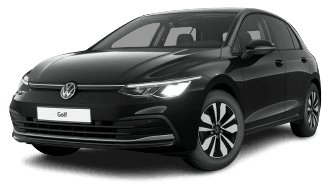 Schräge Frontansicht auf einen Volkswagen Golf, freigestellt
