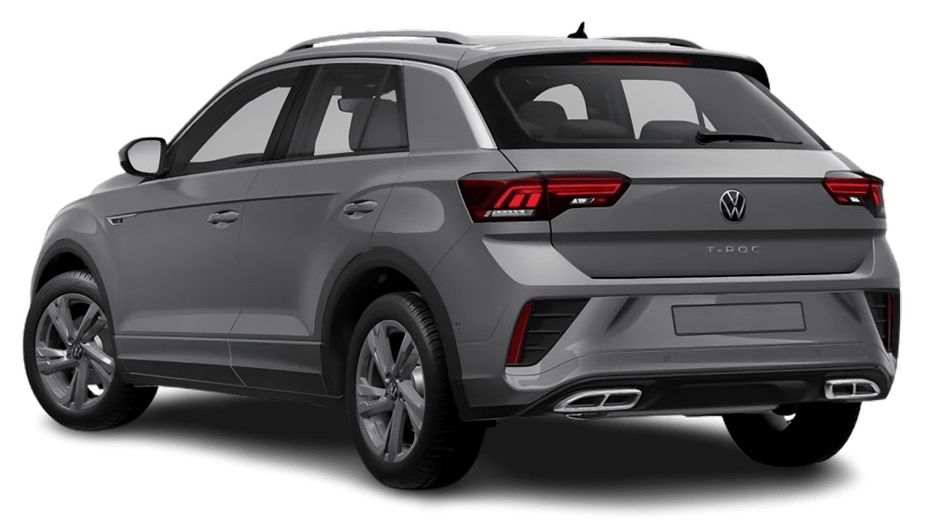 Schräge Heckansicht auf einen Volkswagen T-Roc, freigestellt