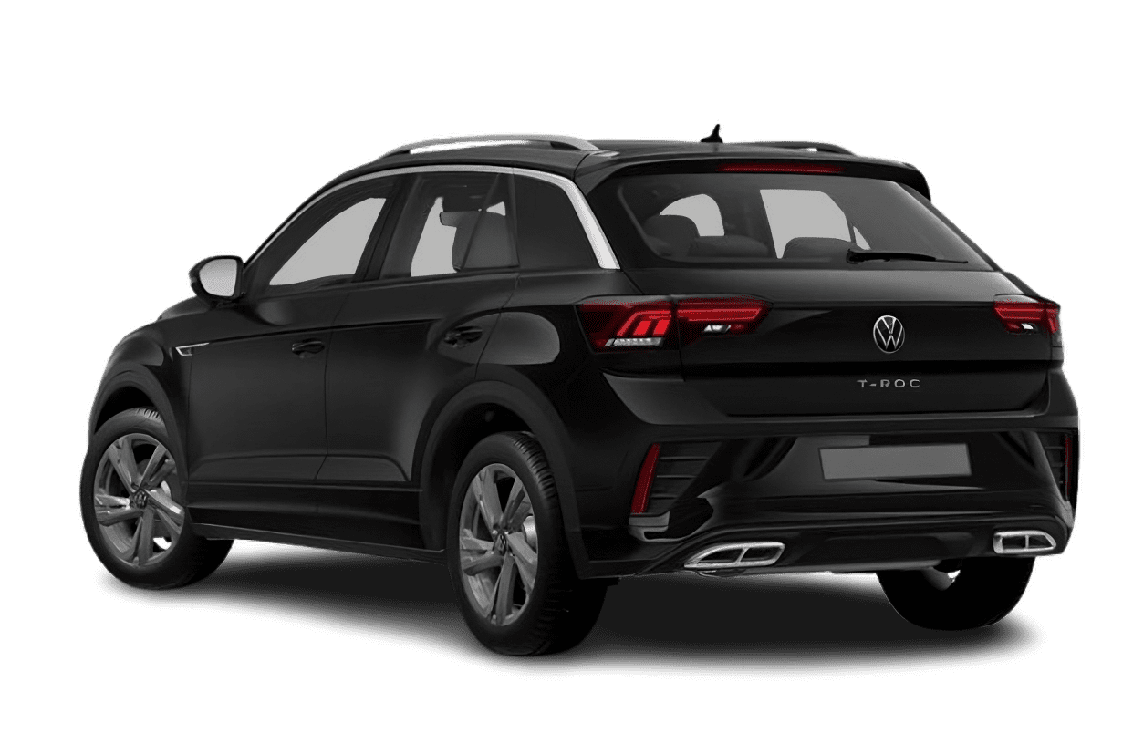 Schräge Heckansicht auf einen Volkswagen T-Roc, freigestellt