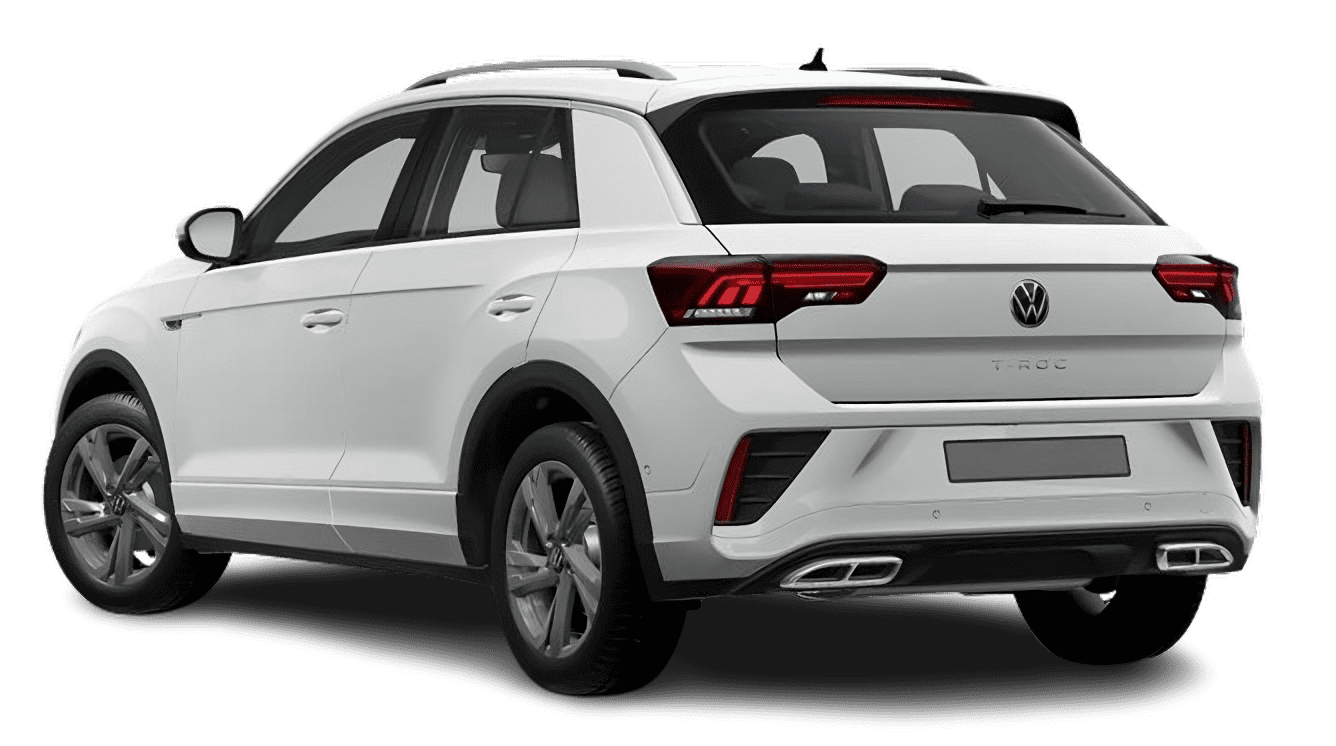 Schräge Heckansicht auf einen Volkswagen T-Roc, freigestellt
