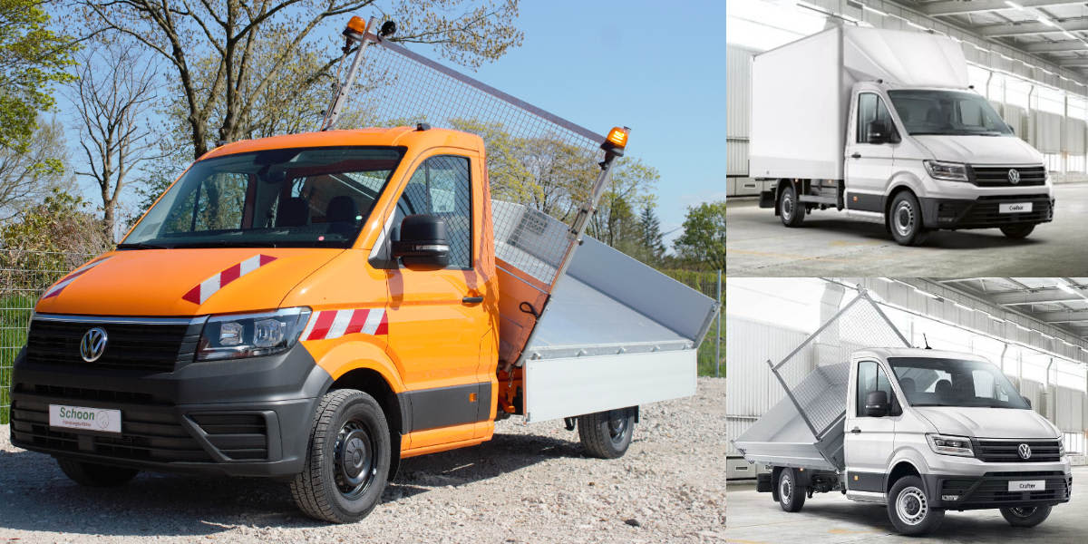 Collage: VW Crafter mit Kipper- und Kofferaufbauten 