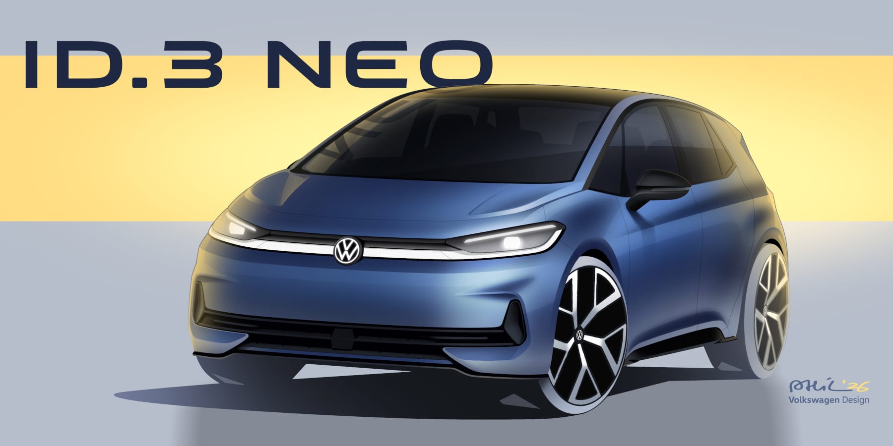 VW ID.3 Neo auf seiner Teaser-Skizze mit Neo-Schriftzug im Hintergrund